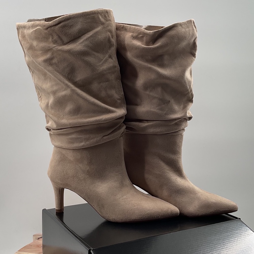Journee Collection Sonnet-XWC Tan Faux Suede Slouchy Pointed Toe Kitten Boots